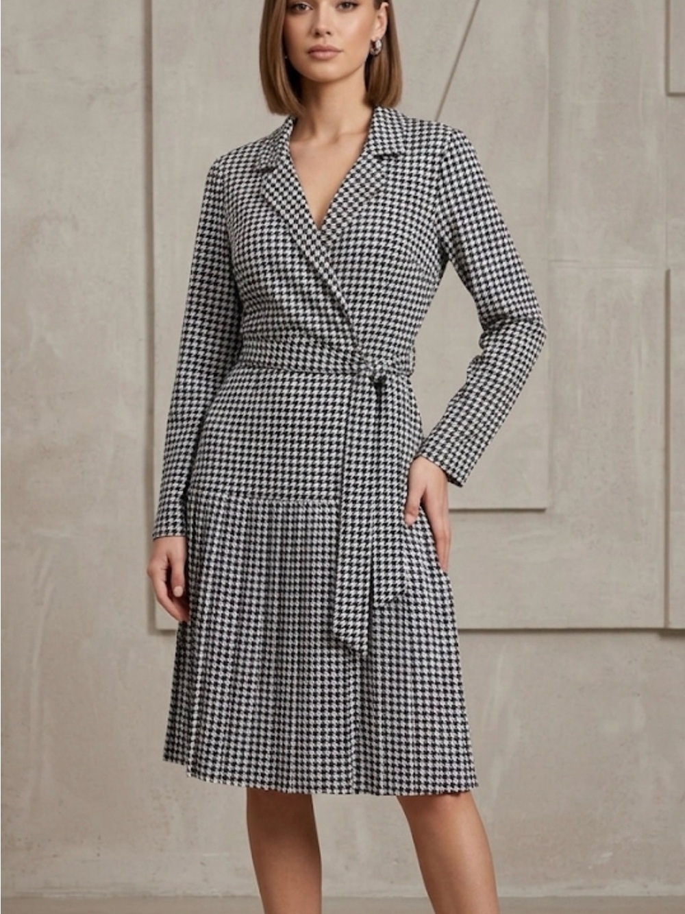 Houndstooth Wrap Midi Dress - Black & White Long Sleeve